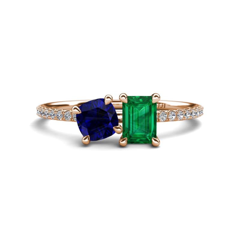 Elyse 6.00 mm Cushion Shape Lab Created Blue Sapphire and 7x5 mm Emerald Shape Lab Created Emerald 2 Stone Duo Ring 