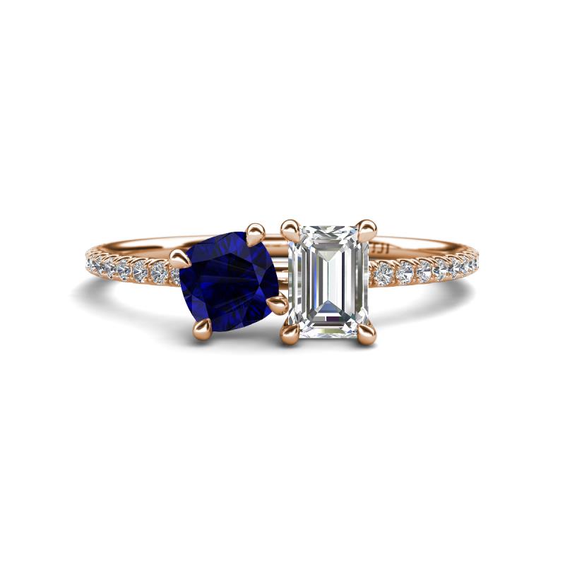 Elyse 6.00 mm Cushion Shape Lab Created Blue Sapphire and GIA Certified 7x5 mm Emerald Shape Diamond 2 Stone Duo Ring 