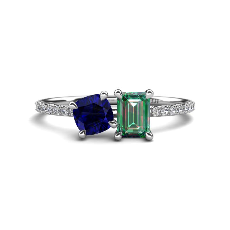 Elyse 6.00 mm Cushion Shape Lab Created Blue Sapphire and 7x5 mm Emerald Shape Lab Created Alexandrite 2 Stone Duo Ring 