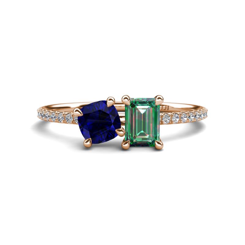 Elyse 6.00 mm Cushion Shape Lab Created Blue Sapphire and 7x5 mm Emerald Shape Lab Created Alexandrite 2 Stone Duo Ring 