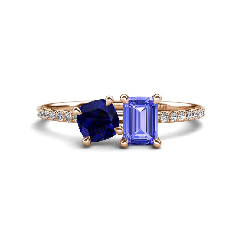 Elyse 6.00 mm Cushion Shape Lab Created Blue Sapphire and 7x5 mm Emerald Shape Tanzanite 2 Stone Duo Ring 