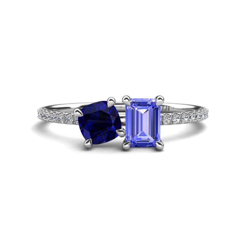 Elyse 6.00 mm Cushion Shape Lab Created Blue Sapphire and 7x5 mm Emerald Shape Tanzanite 2 Stone Duo Ring 