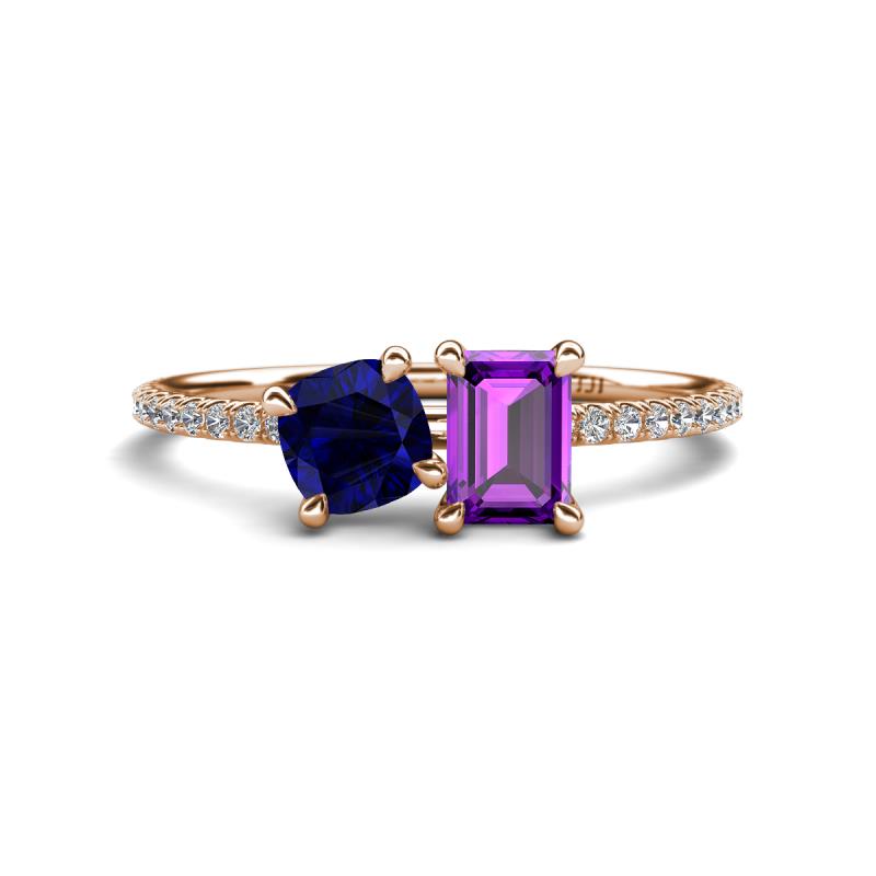 Elyse 6.00 mm Cushion Shape Lab Created Blue Sapphire and 7x5 mm Emerald Shape Amethyst 2 Stone Duo Ring 