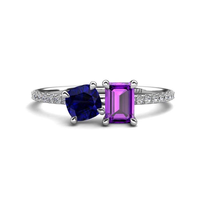 Elyse 6.00 mm Cushion Shape Lab Created Blue Sapphire and 7x5 mm Emerald Shape Amethyst 2 Stone Duo Ring 