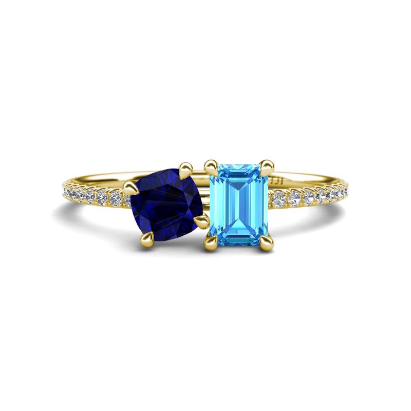 Elyse 6.00 mm Cushion Shape Lab Created Blue Sapphire and 7x5 mm Emerald Shape Blue Topaz 2 Stone Duo Ring 