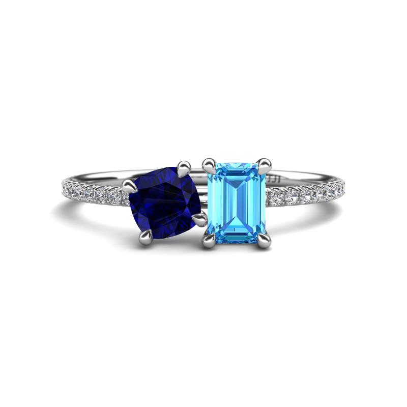 Elyse 6.00 mm Cushion Shape Lab Created Blue Sapphire and 7x5 mm Emerald Shape Blue Topaz 2 Stone Duo Ring 