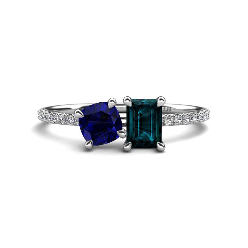 Elyse 6.00 mm Cushion Shape Lab Created Blue Sapphire and 7x5 mm Emerald Shape London Blue Topaz 2 Stone Duo Ring 