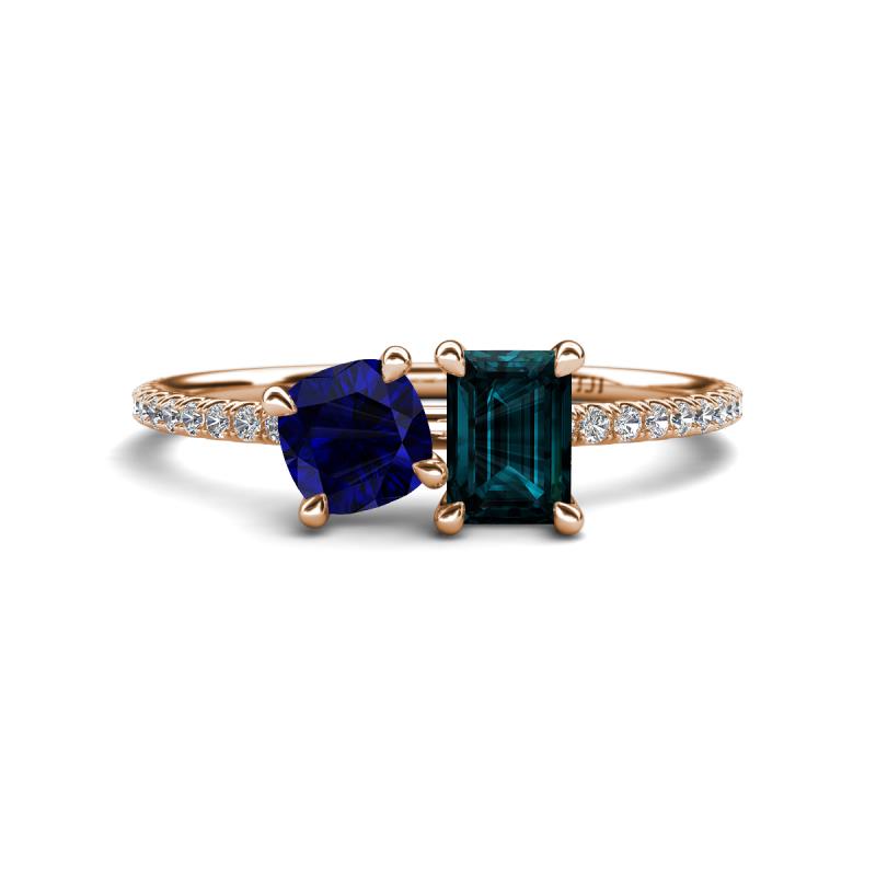 Elyse 6.00 mm Cushion Shape Lab Created Blue Sapphire and 7x5 mm Emerald Shape London Blue Topaz 2 Stone Duo Ring 