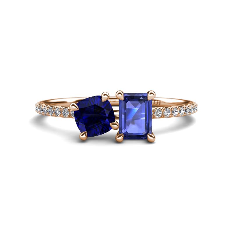 Elyse 6.00 mm Cushion Shape Lab Created Blue Sapphire and 7x5 mm Emerald Shape Iolite 2 Stone Duo Ring 