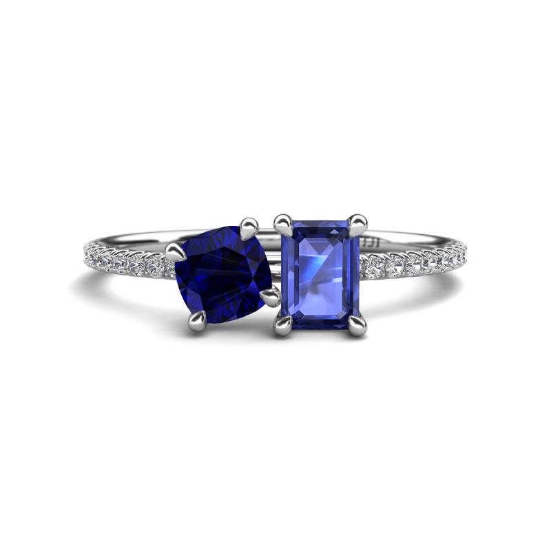 Elyse 6.00 mm Cushion Shape Lab Created Blue Sapphire and 7x5 mm Emerald Shape Iolite 2 Stone Duo Ring 