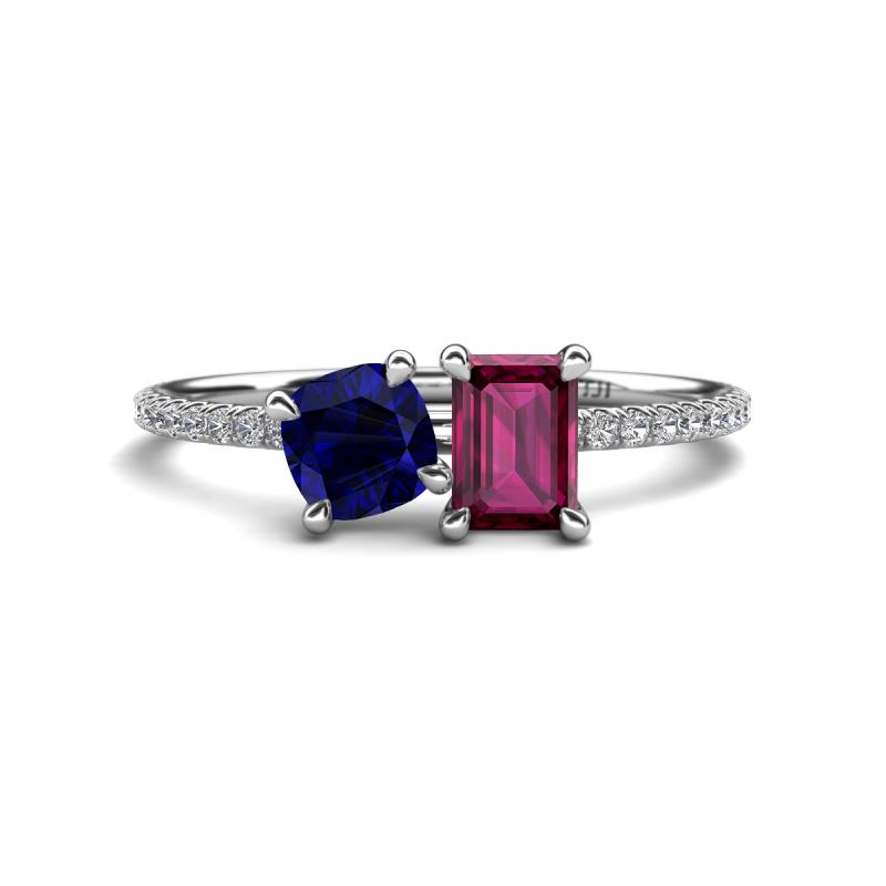 Elyse 6.00 mm Cushion Shape Lab Created Blue Sapphire and 7x5 mm Emerald Shape Rhodolite Garnet 2 Stone Duo Ring 