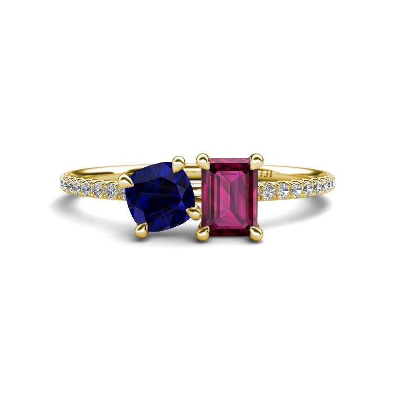 Elyse 6.00 mm Cushion Shape Lab Created Blue Sapphire and 7x5 mm Emerald Shape Rhodolite Garnet 2 Stone Duo Ring 