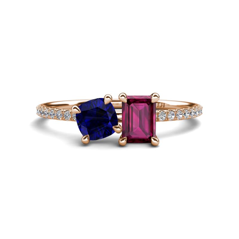 Elyse 6.00 mm Cushion Shape Lab Created Blue Sapphire and 7x5 mm Emerald Shape Rhodolite Garnet 2 Stone Duo Ring 