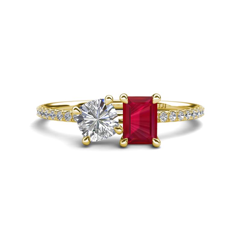 Elyse GIA Certified 6.00 mm Cushion Shape Diamond and 7x5 mm Emerald Shape Lab Created Ruby 2 Stone Duo Ring 
