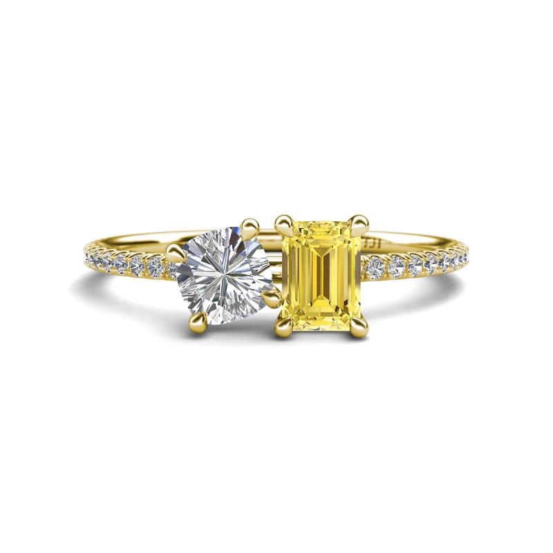 Elyse GIA Certified 6.00 mm Cushion Shape Diamond and 7x5 mm Emerald Shape Lab Created Yellow Sapphire 2 Stone Duo Ring 
