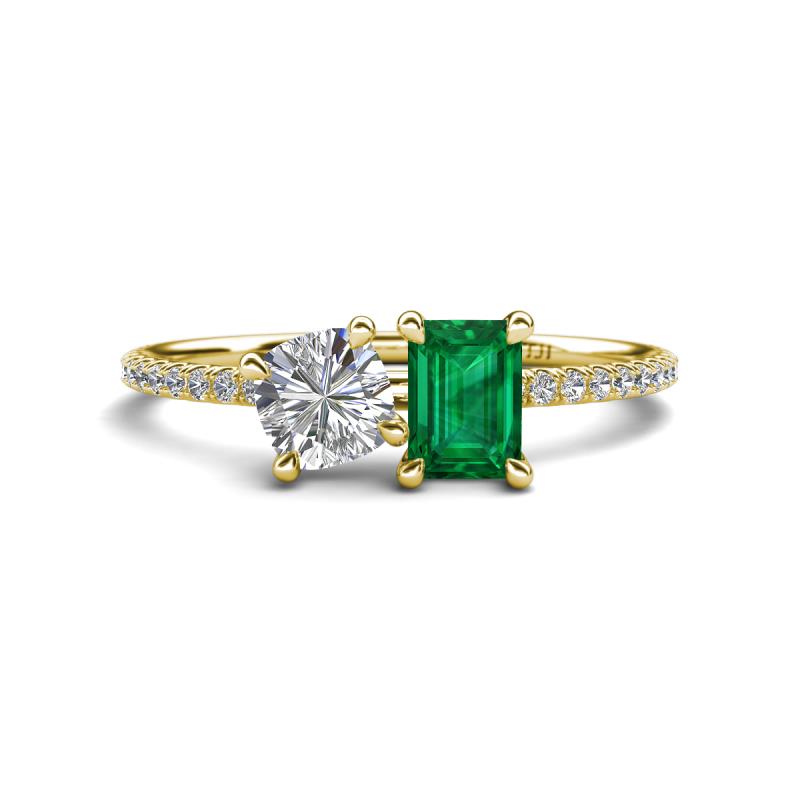 Elyse 6.00 mm Cushion Shape Forever One Moissanite and 7x5 mm Emerald Shape Lab Created Emerald 2 Stone Duo Ring 