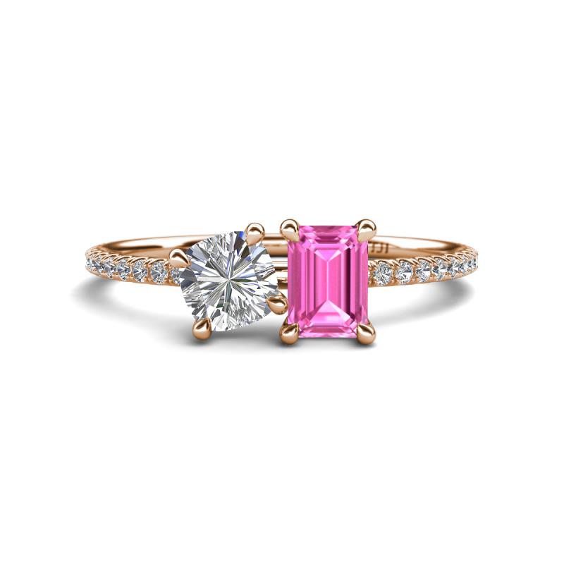 Elyse 6.00 mm Cushion Shape Forever Brilliant Moissanite and 7x5 mm Emerald Shape Lab Created Pink Sapphire 2 Stone Duo Ring 