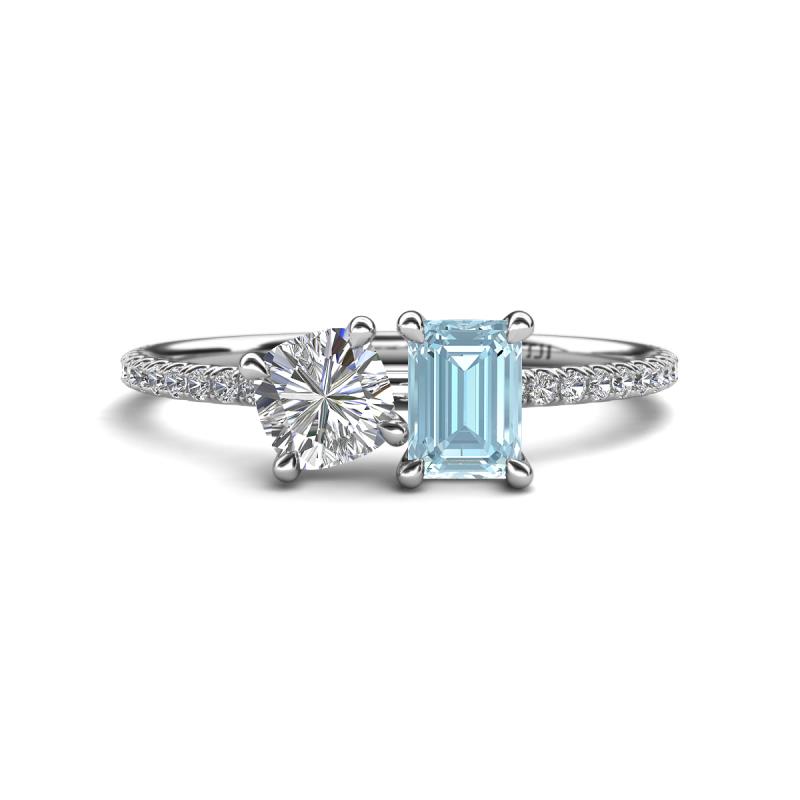 Elyse 6.00 mm Cushion Shape Forever One Moissanite and 7x5 mm Emerald Shape Aquamarine 2 Stone Duo Ring 