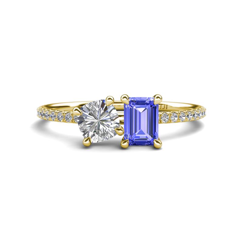 Elyse 6.00 mm Cushion Shape Forever One Moissanite and 7x5 mm Emerald Shape Tanzanite 2 Stone Duo Ring 
