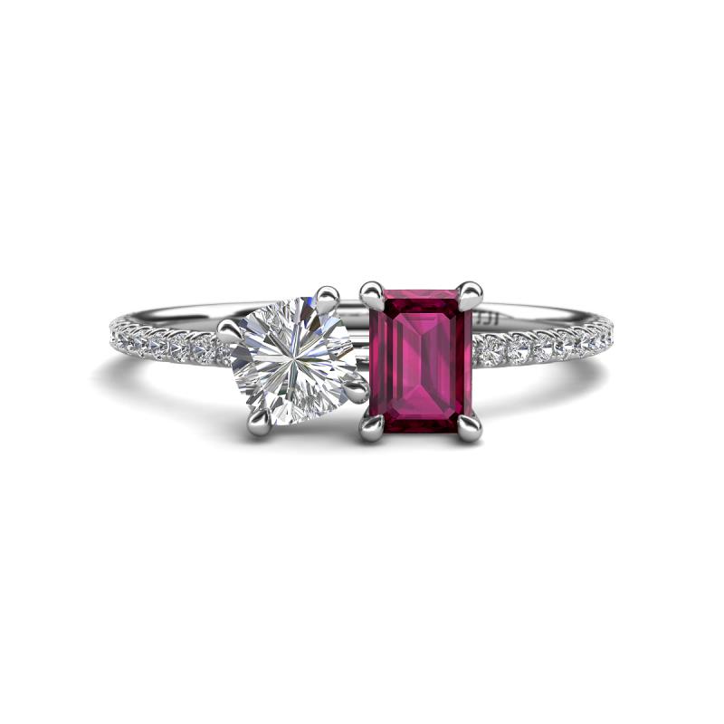 Elyse 6.00 mm Cushion Shape Forever Brilliant Moissanite and 7x5 mm Emerald Shape Rhodolite Garnet 2 Stone Duo Ring 