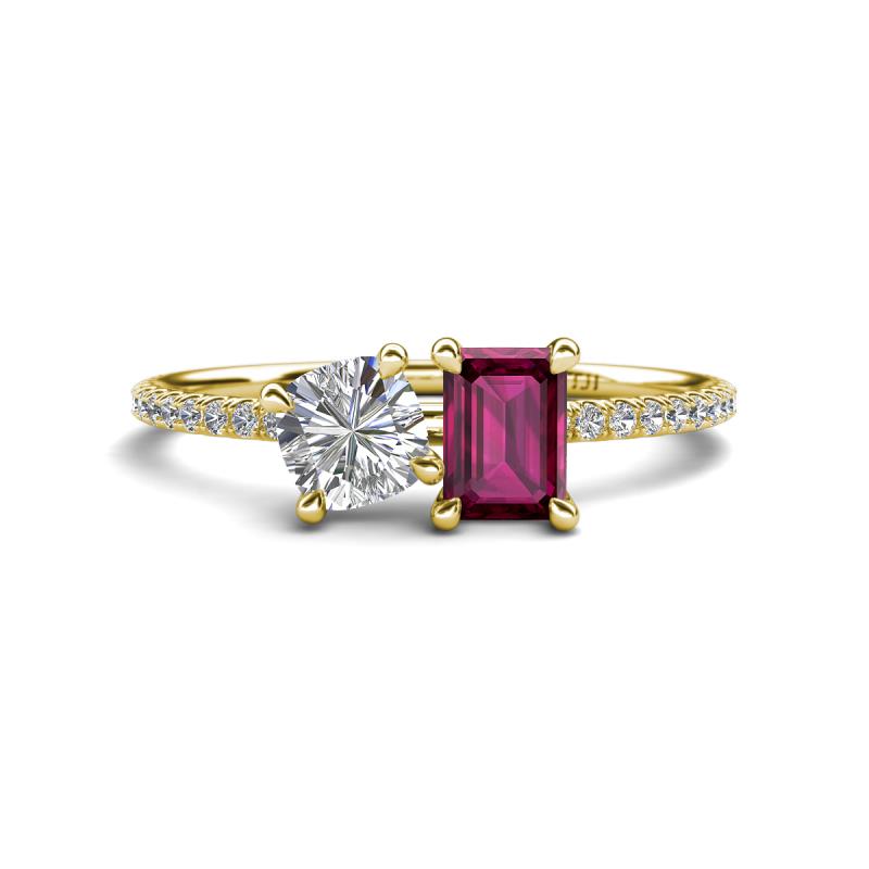 Elyse 6.00 mm Cushion Shape Forever One Moissanite and 7x5 mm Emerald Shape Rhodolite Garnet 2 Stone Duo Ring 