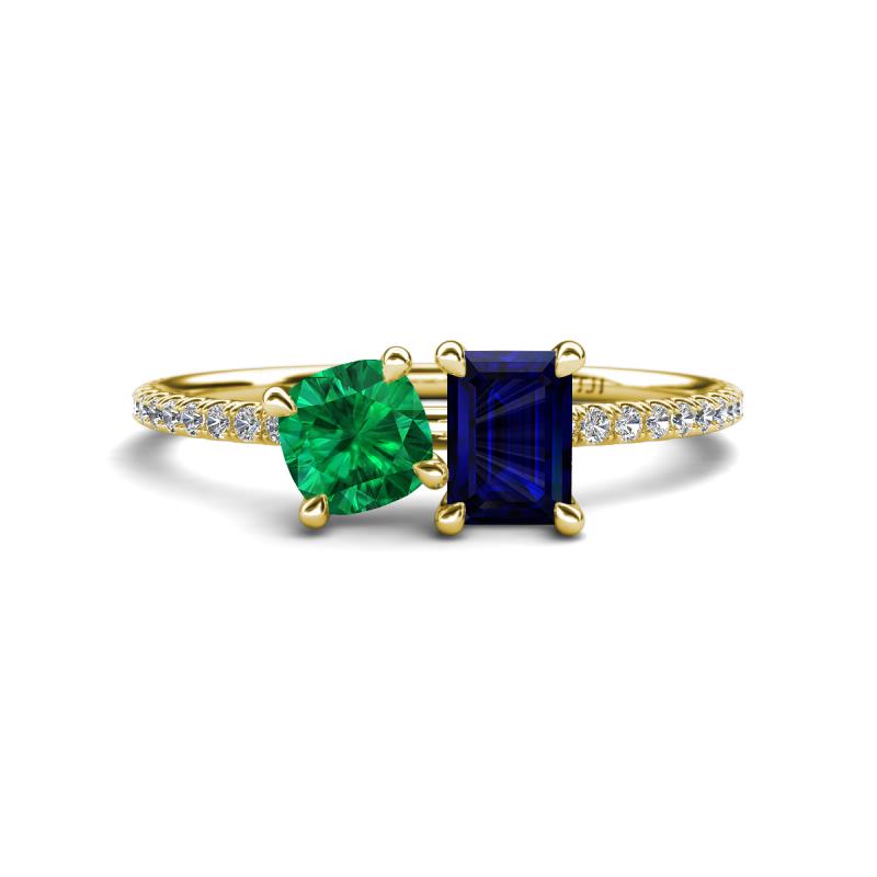 Elyse 6.00 mm Cushion Shape Lab Created Emerald and 7x5 mm Emerald Shape Lab Created Blue Sapphire 2 Stone Duo Ring 