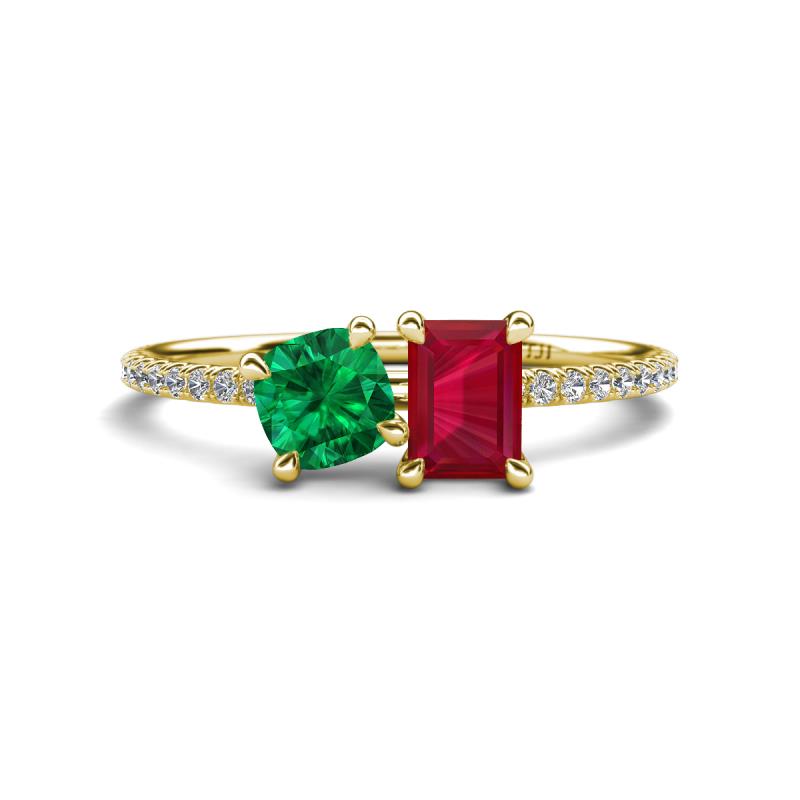 Elyse 6.00 mm Cushion Shape Lab Created Emerald and 7x5 mm Emerald Shape Lab Created Ruby 2 Stone Duo Ring 
