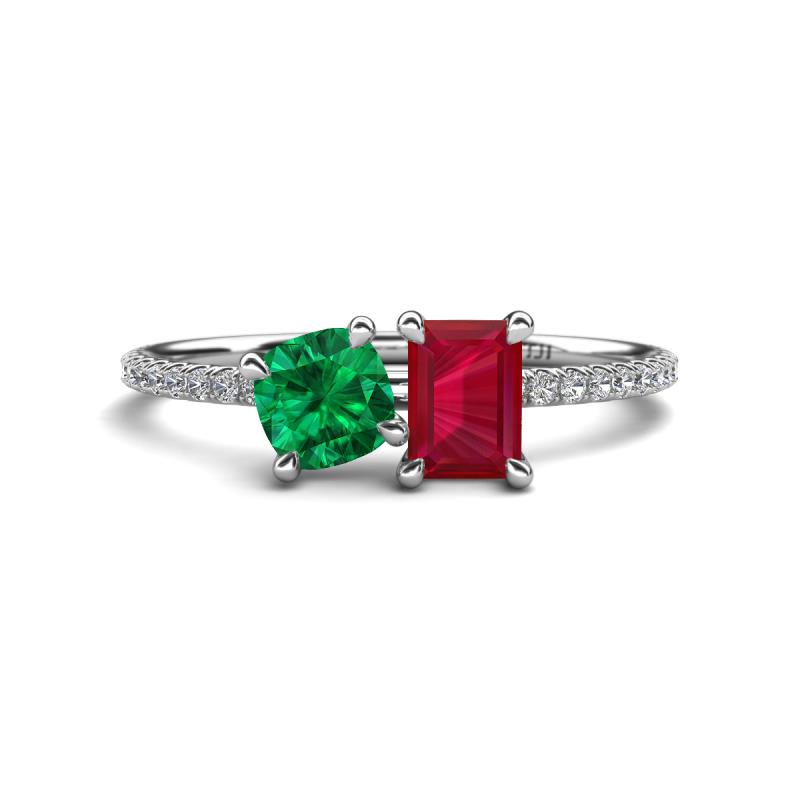 Elyse 6.00 mm Cushion Shape Lab Created Emerald and 7x5 mm Emerald Shape Lab Created Ruby 2 Stone Duo Ring 