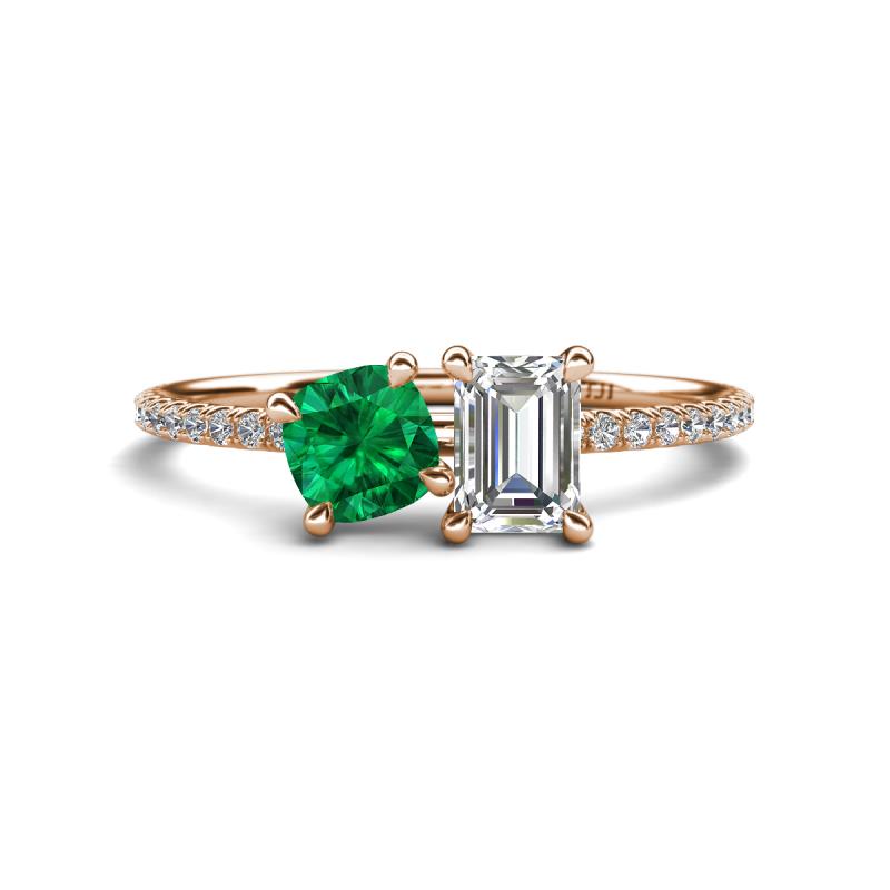 Elyse 6.00 mm Cushion Shape Lab Created Emerald and GIA Certified 7x5 mm Emerald Shape Diamond 2 Stone Duo Ring 