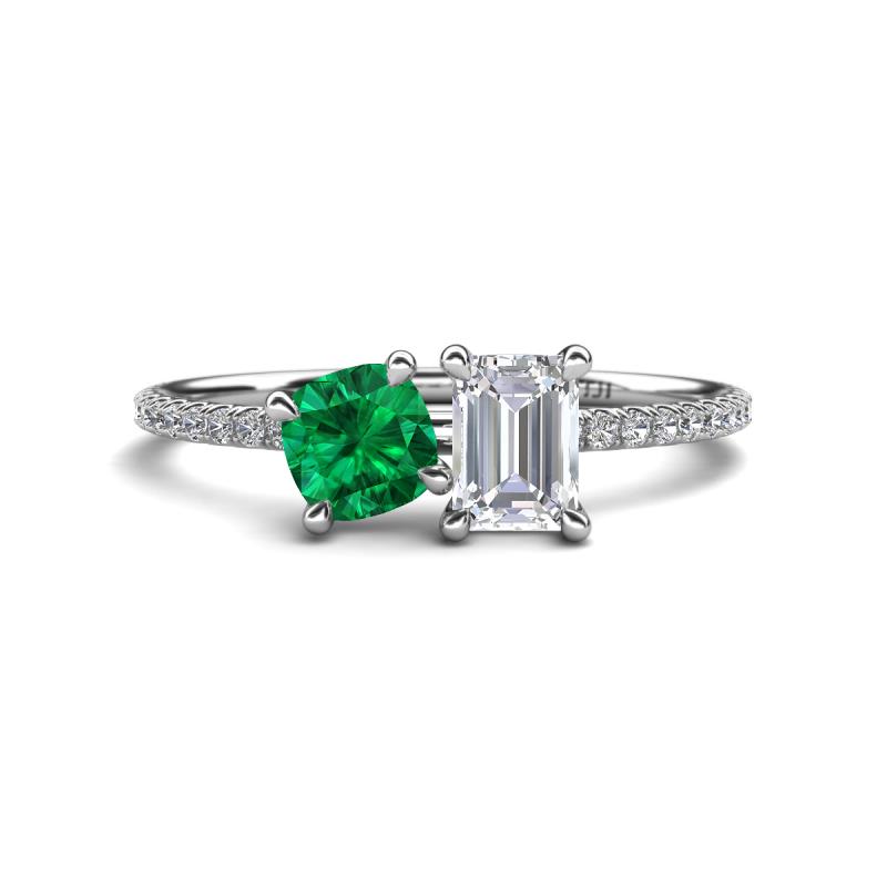 Elyse 6.00 mm Cushion Shape Lab Created Emerald and 7x5 mm Emerald Shape White Sapphire 2 Stone Duo Ring 