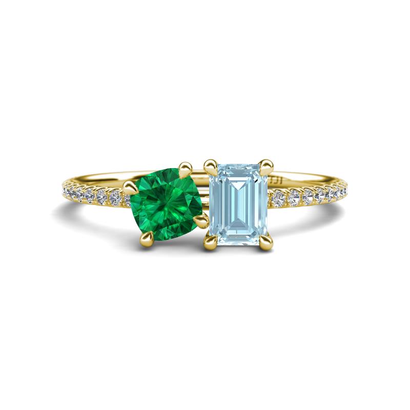 Elyse 6.00 mm Cushion Shape Lab Created Emerald and 7x5 mm Emerald Shape Aquamarine 2 Stone Duo Ring 