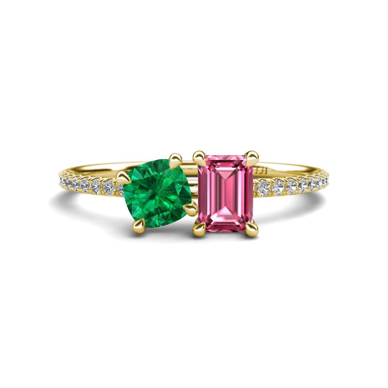 Elyse 6.00 mm Cushion Shape Lab Created Emerald and 7x5 mm Emerald Shape Pink Tourmaline 2 Stone Duo Ring 