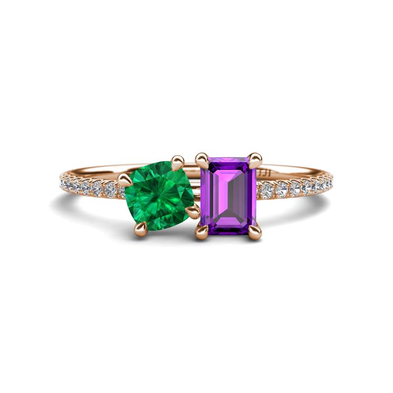 Elyse 6.00 mm Cushion Shape Lab Created Emerald and 7x5 mm Emerald Shape Amethyst 2 Stone Duo Ring 