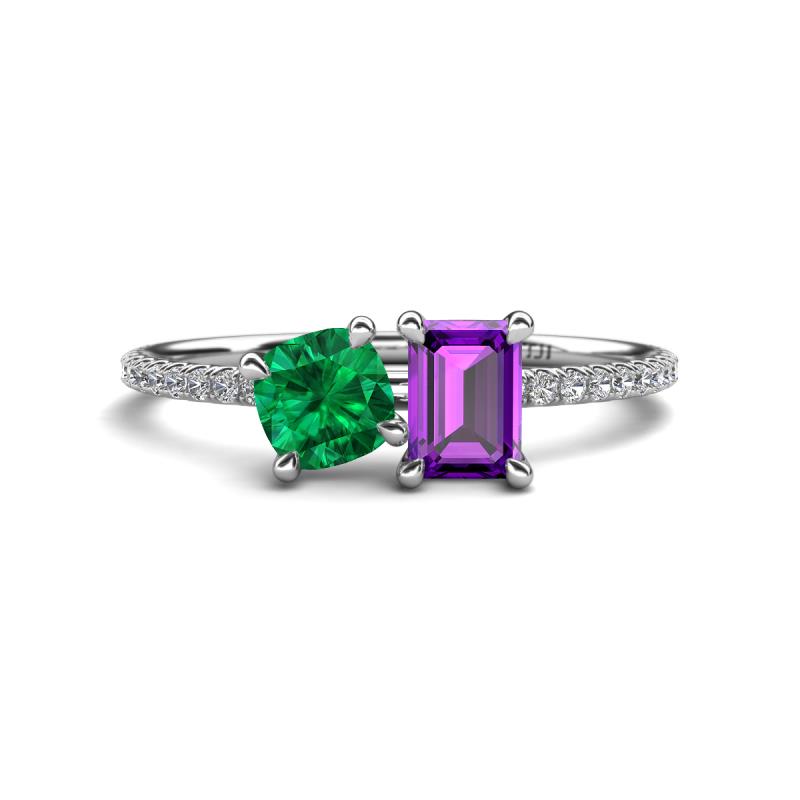 Elyse 6.00 mm Cushion Shape Lab Created Emerald and 7x5 mm Emerald Shape Amethyst 2 Stone Duo Ring 