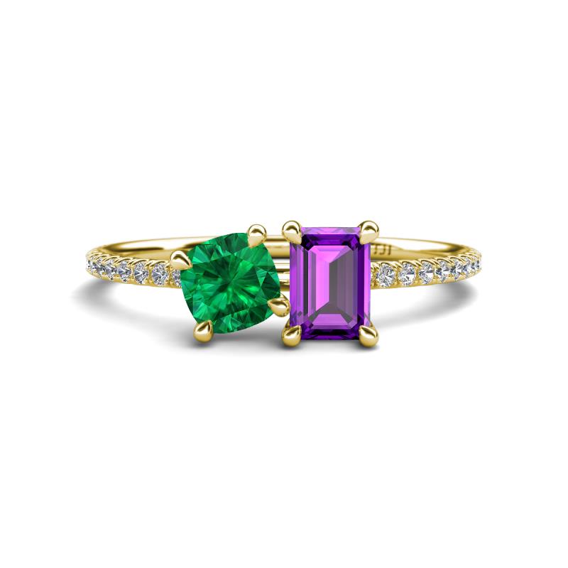 Elyse 6.00 mm Cushion Shape Lab Created Emerald and 7x5 mm Emerald Shape Amethyst 2 Stone Duo Ring 