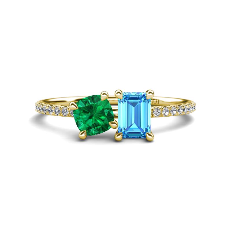 Elyse 6.00 mm Cushion Shape Lab Created Emerald and 7x5 mm Emerald Shape Blue Topaz 2 Stone Duo Ring 