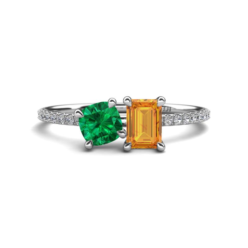 Elyse 6.00 mm Cushion Shape Lab Created Emerald and 7x5 mm Emerald Shape Citrine 2 Stone Duo Ring 