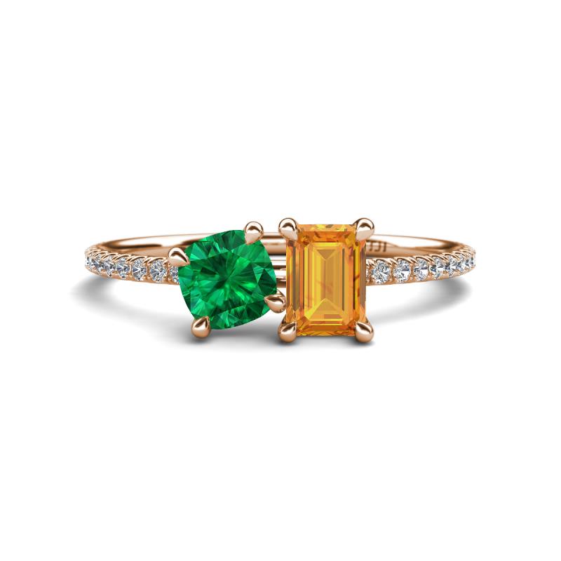 Elyse 6.00 mm Cushion Shape Lab Created Emerald and 7x5 mm Emerald Shape Citrine 2 Stone Duo Ring 