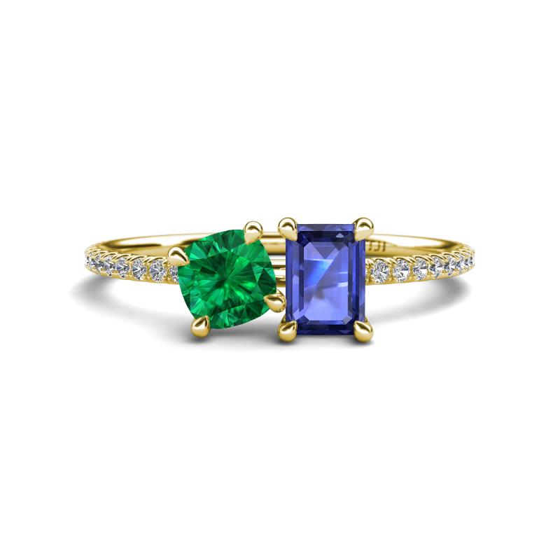 Elyse 6.00 mm Cushion Shape Lab Created Emerald and 7x5 mm Emerald Shape Iolite 2 Stone Duo Ring 