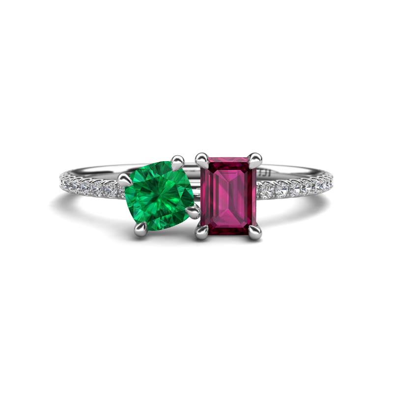 Elyse 6.00 mm Cushion Shape Lab Created Emerald and 7x5 mm Emerald Shape Rhodolite Garnet 2 Stone Duo Ring 
