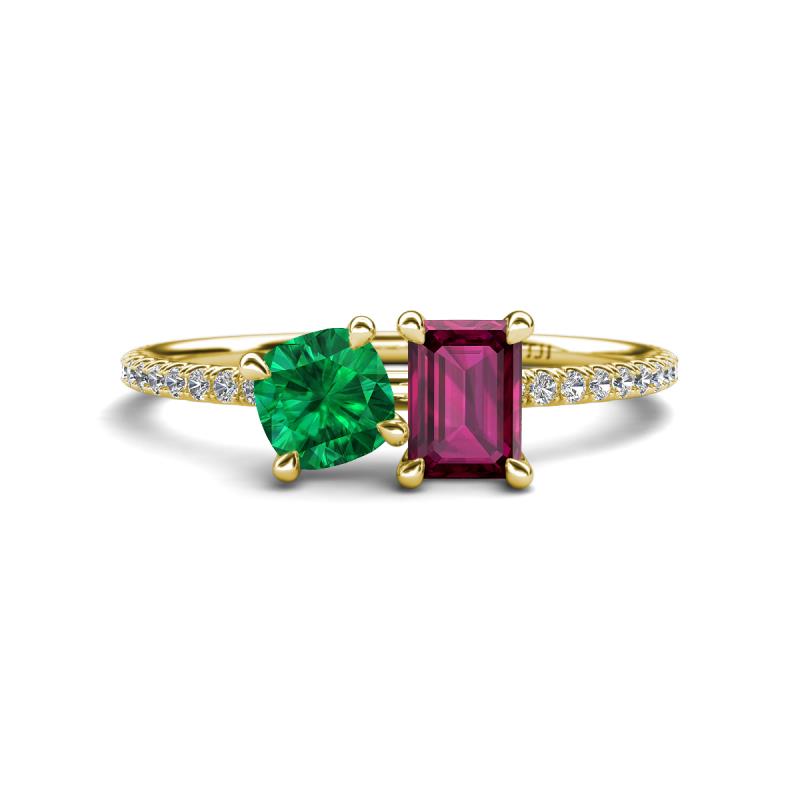 Elyse 6.00 mm Cushion Shape Lab Created Emerald and 7x5 mm Emerald Shape Rhodolite Garnet 2 Stone Duo Ring 