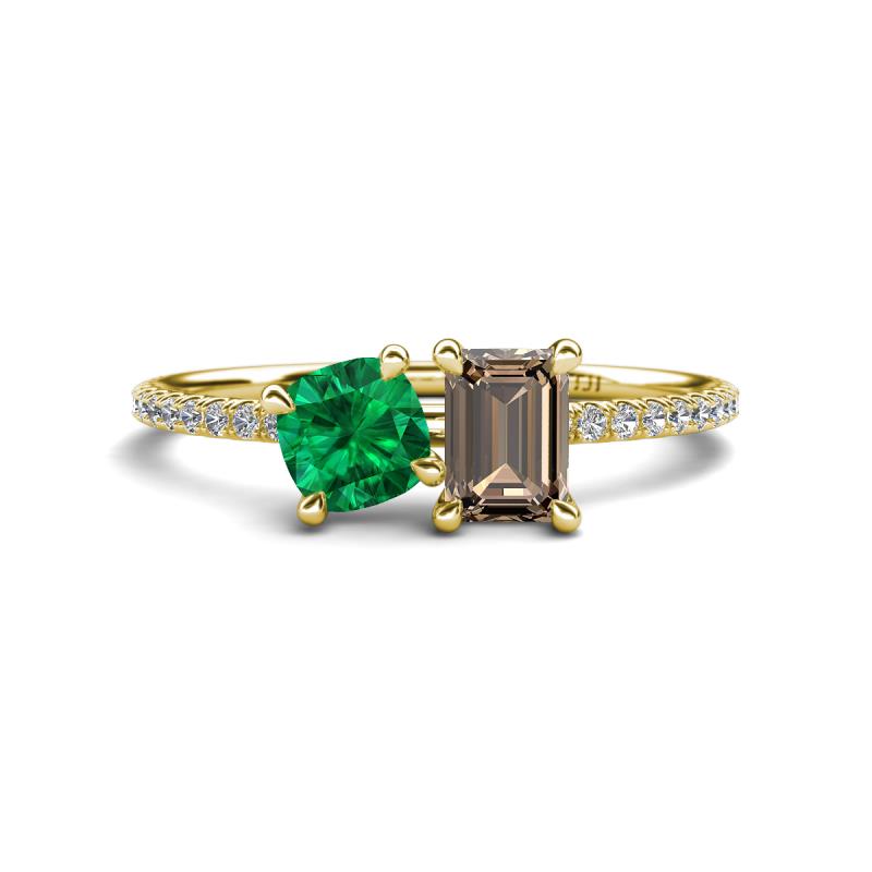 Elyse 6.00 mm Cushion Shape Lab Created Emerald and 7x5 mm Emerald Shape Smoky Quartz 2 Stone Duo Ring 