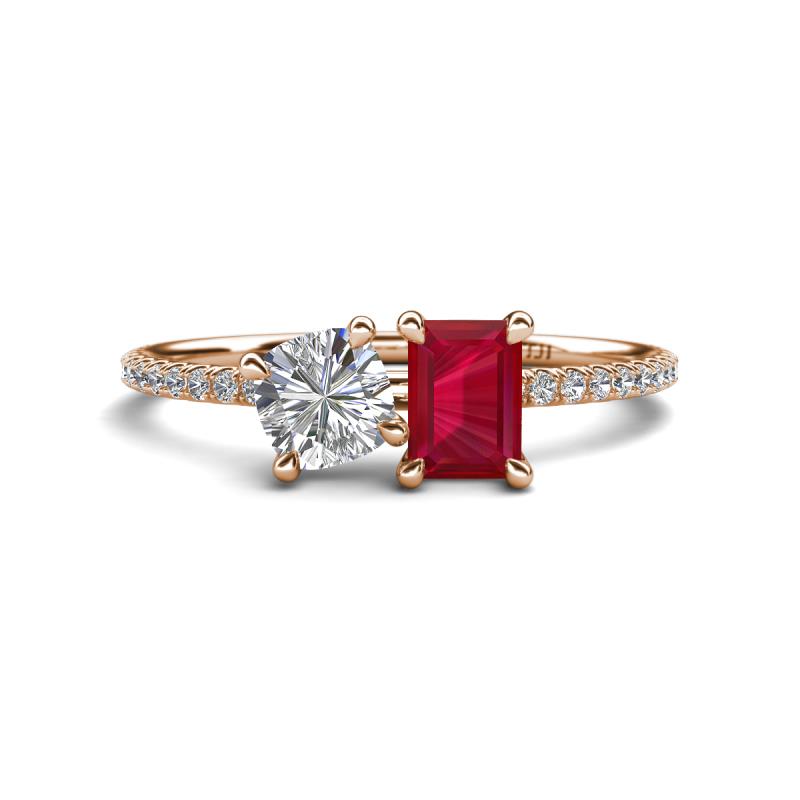 Elyse IGI Certified 6.00 mm Cushion Shape Lab Grown Diamond and 7x5 mm Emerald Shape Lab Created Ruby 2 Stone Duo Ring 