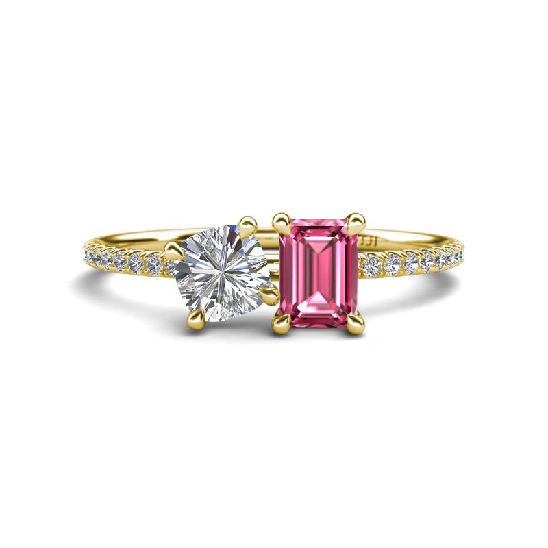 Elyse IGI Certified 6.00 mm Cushion Shape Lab Grown Diamond and 7x5 mm Emerald Shape Pink Tourmaline 2 Stone Duo Ring 