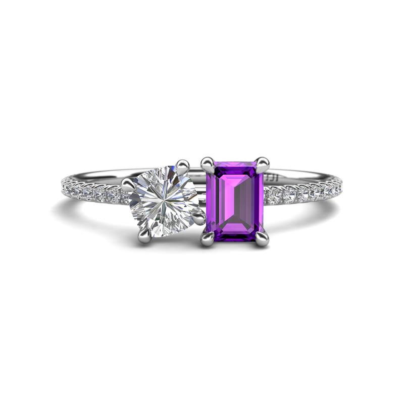 Elyse IGI Certified 6.00 mm Cushion Shape Lab Grown Diamond and 7x5 mm Emerald Shape Amethyst 2 Stone Duo Ring 