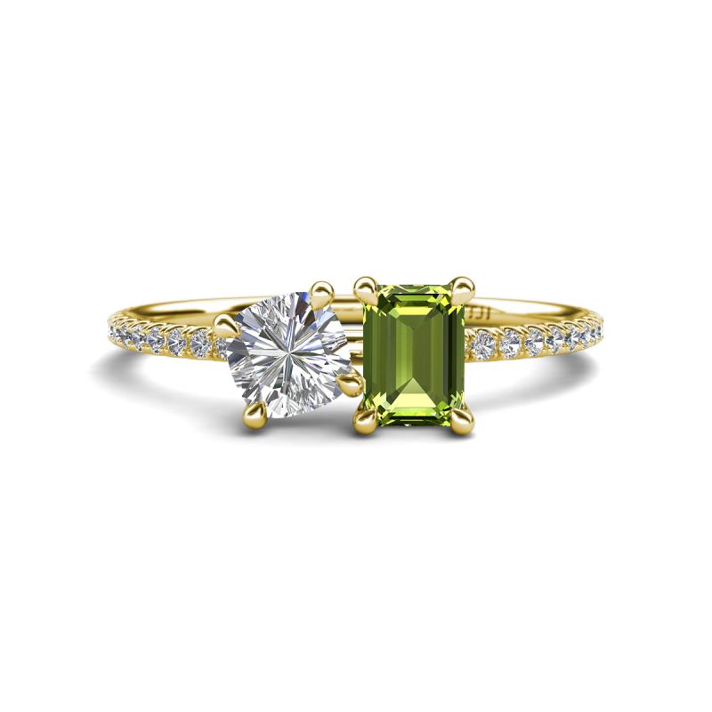 Elyse IGI Certified 6.00 mm Cushion Shape Lab Grown Diamond and 7x5 mm Emerald Shape Peridot 2 Stone Duo Ring 