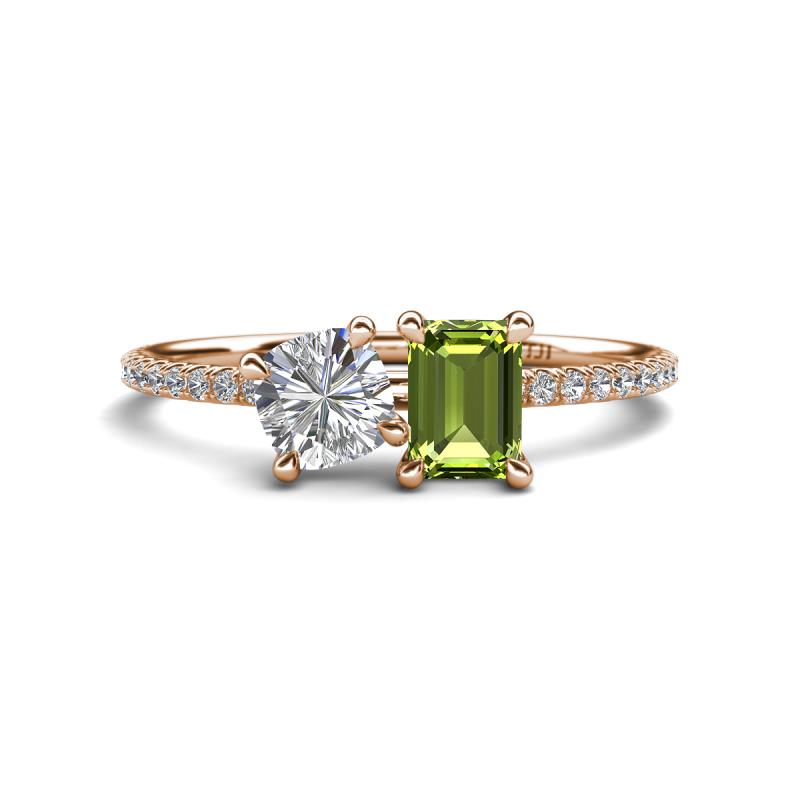 Elyse IGI Certified 6.00 mm Cushion Shape Lab Grown Diamond and 7x5 mm Emerald Shape Peridot 2 Stone Duo Ring 