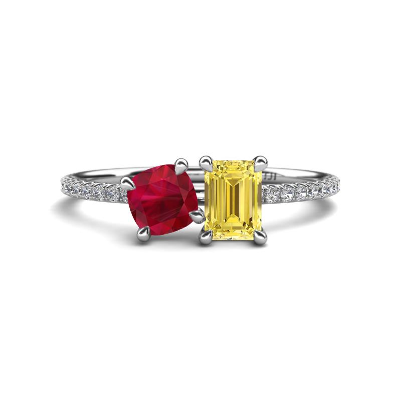 Elyse 6.00 mm Cushion Shape Lab Created Ruby and 7x5 mm Emerald Shape Lab Created Yellow Sapphire 2 Stone Duo Ring 