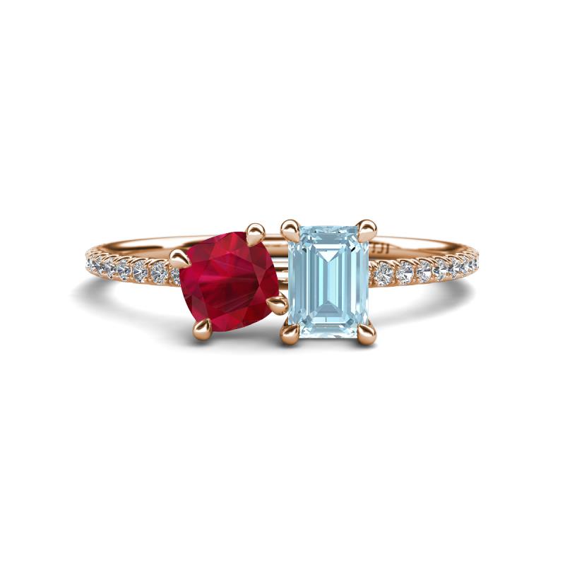 Elyse 6.00 mm Cushion Shape Lab Created Ruby and 7x5 mm Emerald Shape Aquamarine 2 Stone Duo Ring 