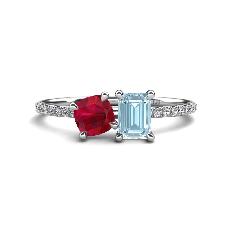 Elyse 6.00 mm Cushion Shape Lab Created Ruby and 7x5 mm Emerald Shape Aquamarine 2 Stone Duo Ring 